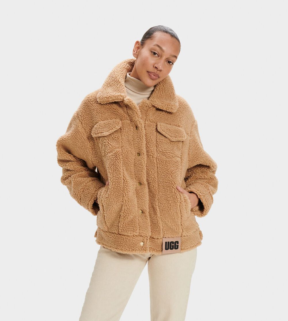 Ugg Jacket Womens - Ugg Frankie Sherpa Trucker Khaki - 675QRBOSU